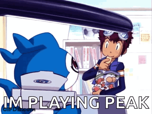 Cartoon Character Saying I'm Playing Peak Next To Another GIF