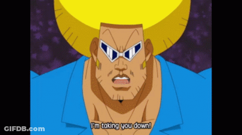 Cartoon Character Saying Im Taking You Down In Blue Shirt GIF