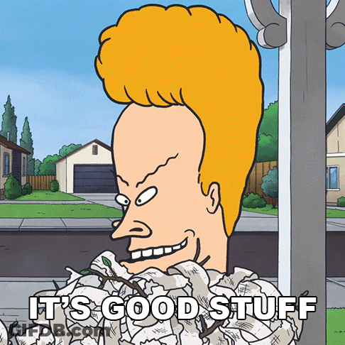 Cartoon Character Saying It's Good Stuff In Front Of Paper Pile GIF