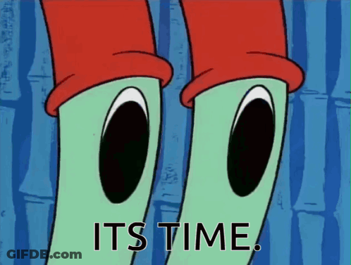 Cartoon Character Saying It's Time In Red Hat GIF