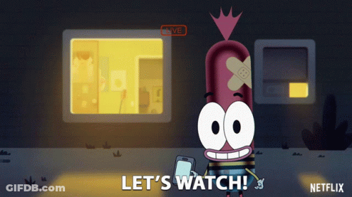 Cartoon Character Saying Let's Watch Holding Cellphone GIF