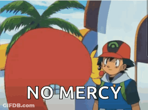 Cartoon Character Saying No Mercy In Front Of Giant Tomato GIF