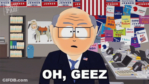 Cartoon Character Saying Oh Geez In Front Of Political Posters GIF