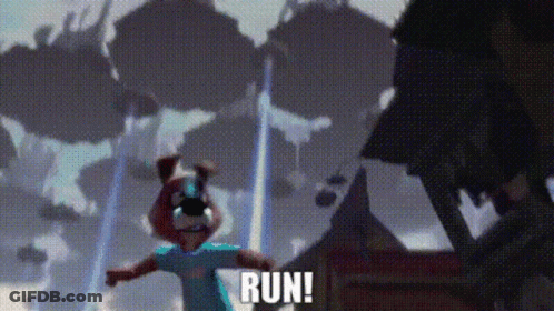 Cartoon Character Saying Run In Front Of Monster GIF