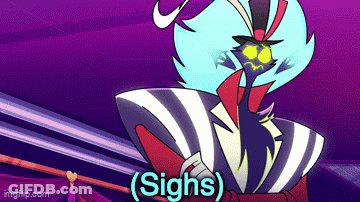 Cartoon Character Saying Sighs On Purple Background GIF