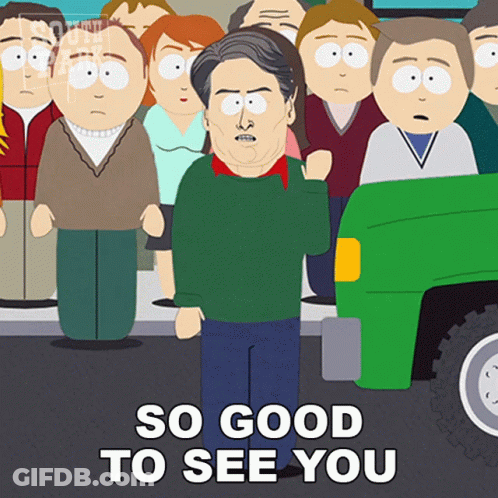 Cartoon Character Saying So Good To See You In Front Of Green Truck GIF