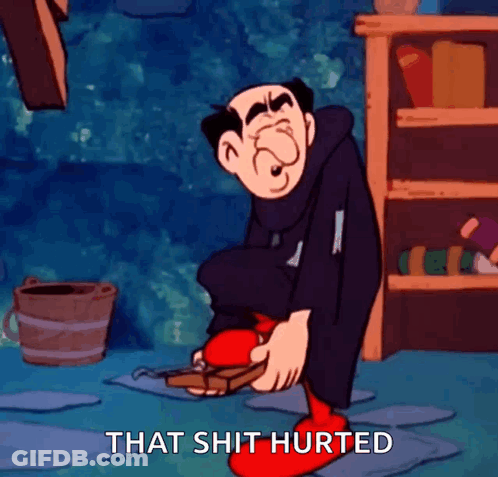 Cartoon Character Saying That Shit Hurted Holding Red Shoes GIF