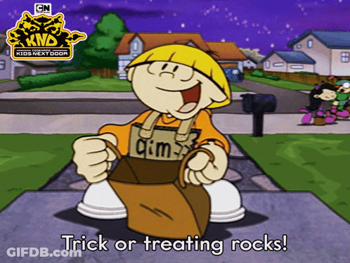 Cartoon Character Saying Trick Or Treating Rocks GIF