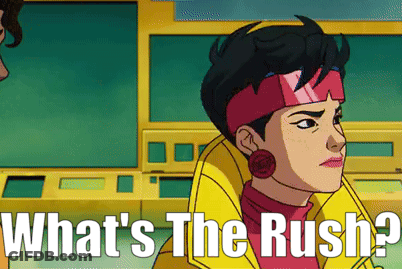 Cartoon Character Saying What's The Rush GIF