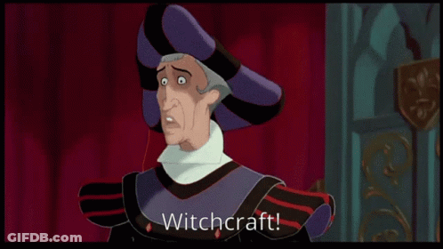 Cartoon Character Saying Witchcraft In Front Of Curtain GIF