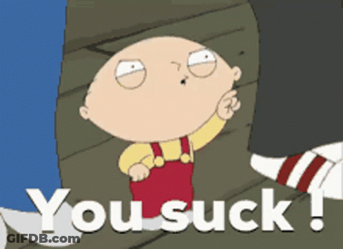 Cartoon Character Saying You Suck Next To Person GIF