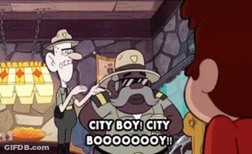 Cartoon Character Says City Boy City Boooooooy Next To Another Character GIF