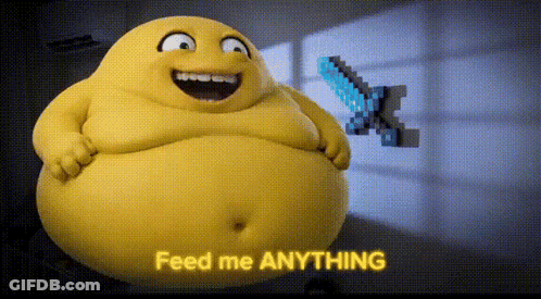 Cartoon Character Says Feed Me Anything While Holding Pixelated Sword GIF