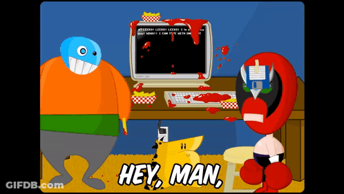 Cartoon Character Says Hey Man Messy Computer GIF