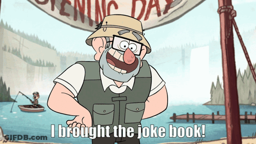Cartoon Character Says I Brought The Joke Book In Front Of Lake GIF
