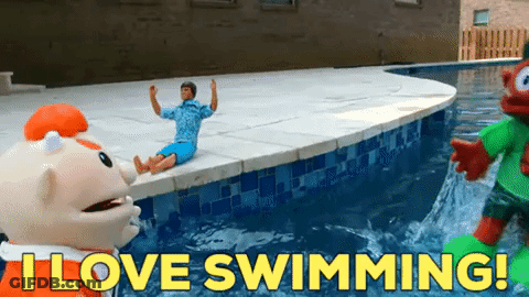 Cartoon Character Says I Love Swimming In Front Of Pool GIF