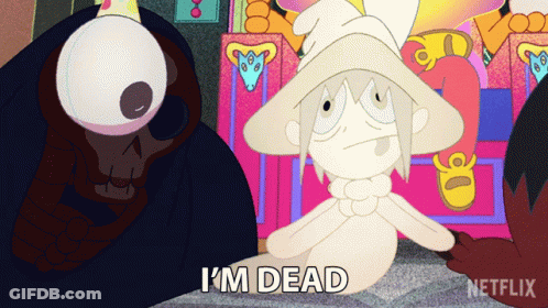 Cartoon Character Says I'm Dead With Skull GIF