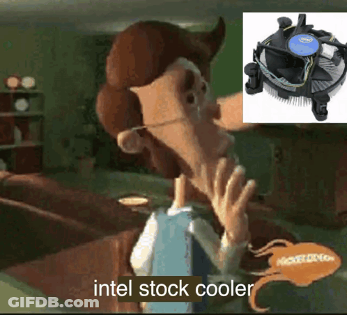 Cartoon Character Says Intel Stock Cooler In Front Of Fan GIF