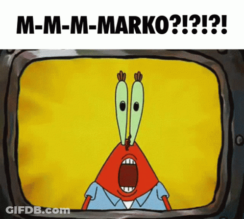 Cartoon Character Says M-M-M-Marko On Yellow Screen GIF