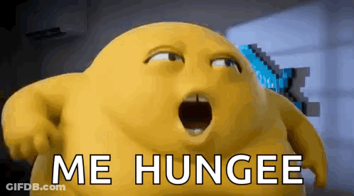 Cartoon Character Says Me Hungee With Mouth Open GIF