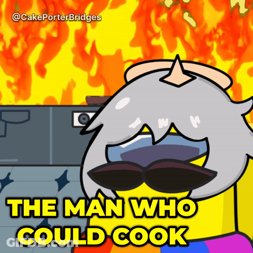 Cartoon Character Says The Man Who Could Cook On Yellow Background GIF