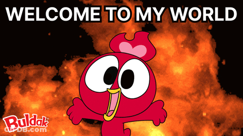 Cartoon Character Says Welcome To My World In Front Of Explosion GIF