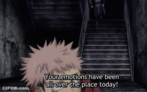 Cartoon Character Says Your Emotions Have Been All Over The Place Today In Front Of Stairs GIF