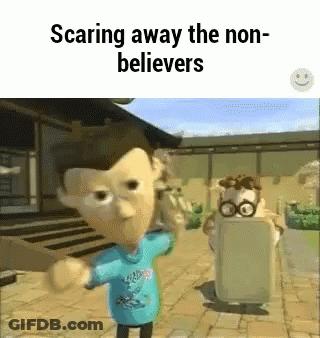 Cartoon Character Scaring Non-Believers GIF