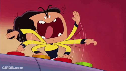 Cartoon Character Screaming While Standing On Buttons GIF