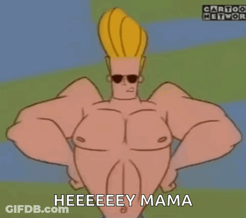 Cartoon Character Shirtless Hands On Hips Saying Heeeeey Mama GIF