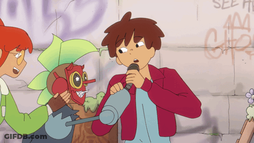 Cartoon Character Singing Into Microphone With Graffiti GIF