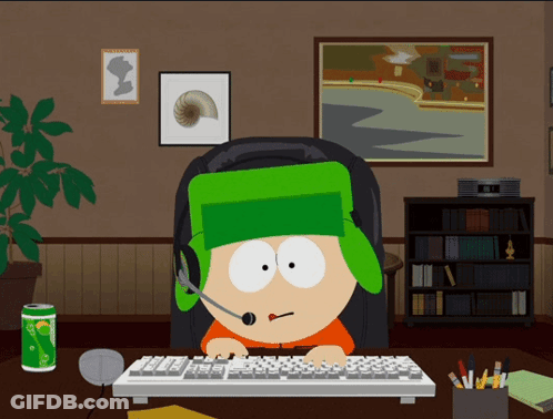Cartoon Character Sitting At Desk With Sprite And Keyboard GIF