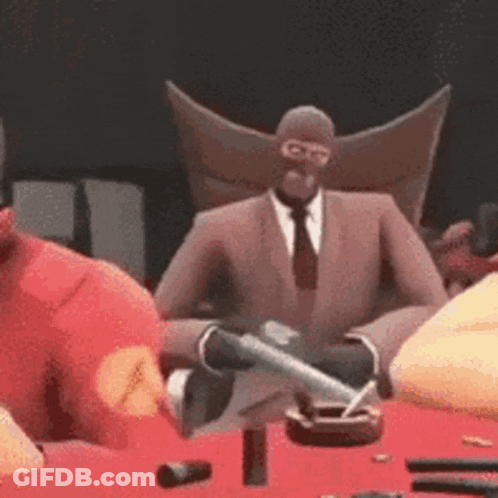 Cartoon Character Sitting At Table With Gun GIF