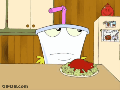 Cartoon Character Sitting At Table With Plate Of Food GIF