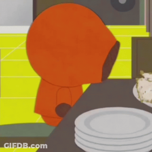 Cartoon Character Sitting At Table With Stack Of Plates GIF