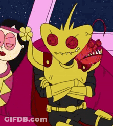 Cartoon Character Sitting Beside Woman With Flower In Hair GIF