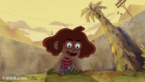 Cartoon Character Sitting By Brick Wall And Palm Tree GIF