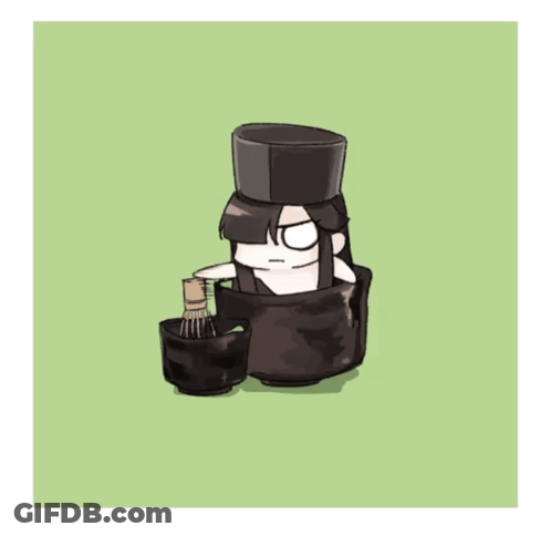 Cartoon Character Sitting In Black Bowl With Whisk GIF