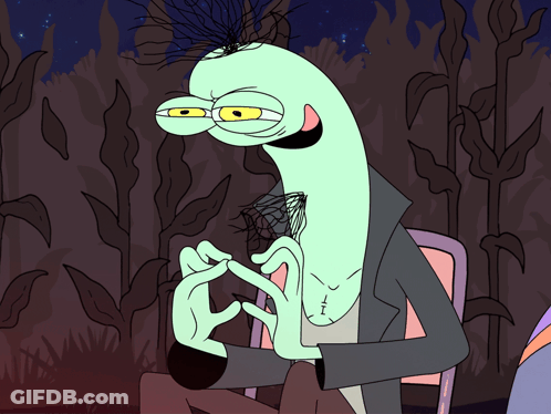 Cartoon Character Sitting In Chair With Hands Together GIF