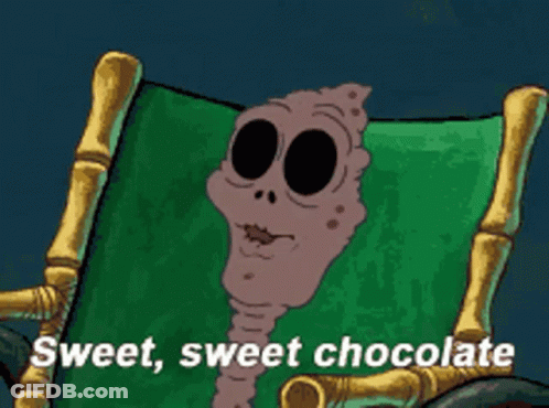 Cartoon Character Sitting In Chair With Sweet Sweet Chocolate GIF