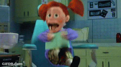 Cartoon Character Sitting In Dental Chair With Mouth Open GIF