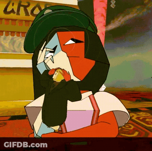 Cartoon Character Sitting In Front Of Grocery Store GIF