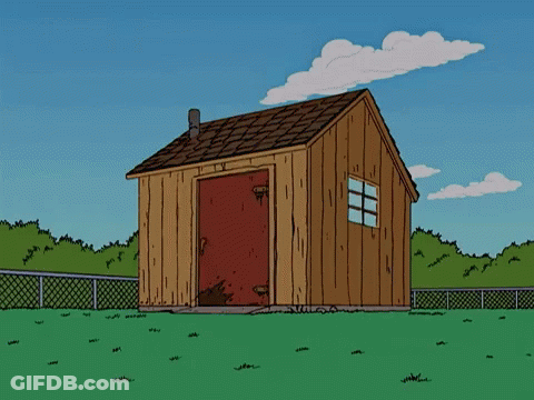 Cartoon Character Sitting In Wooden Shed With Red Ball On Roof GIF