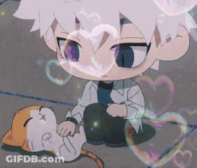 Cartoon Character Sitting Next To Cat With Hearts GIF