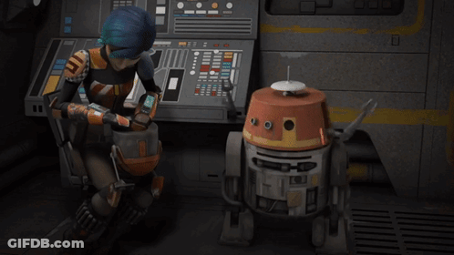 Cartoon Character Sitting Next To Yellow-Headed Robot GIF