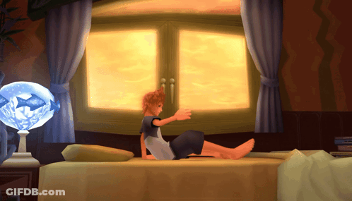 Cartoon Character Sitting On Bed In Front Of Window With Fish Bowl GIF