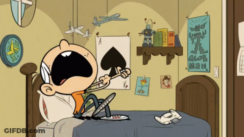 Cartoon Character Sitting On Bed With Glob Man Poster GIF