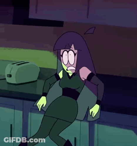 Cartoon Character Sitting On Counter With Toaster GIF