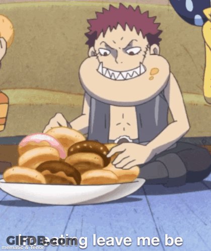 Cartoon Character Sitting On Floor Eating Donuts GIF