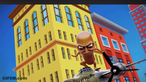 Cartoon Character Sitting On Plane In Front Of Buildings GIF